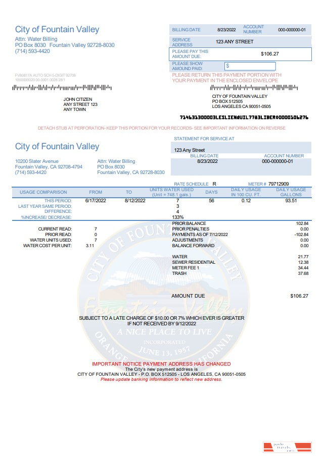 USA California City of Fountain Valley utility bill template in Word and PDF format